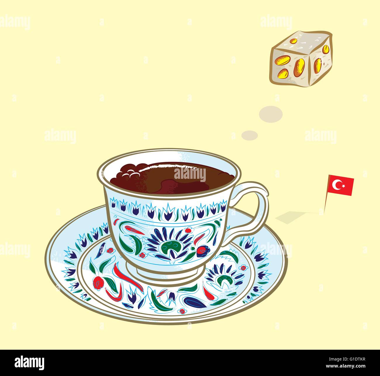 Vektor-Illustration der türkischen Kaffee und traditionellen Lokum mit türkischer Flagge Stock Vektor