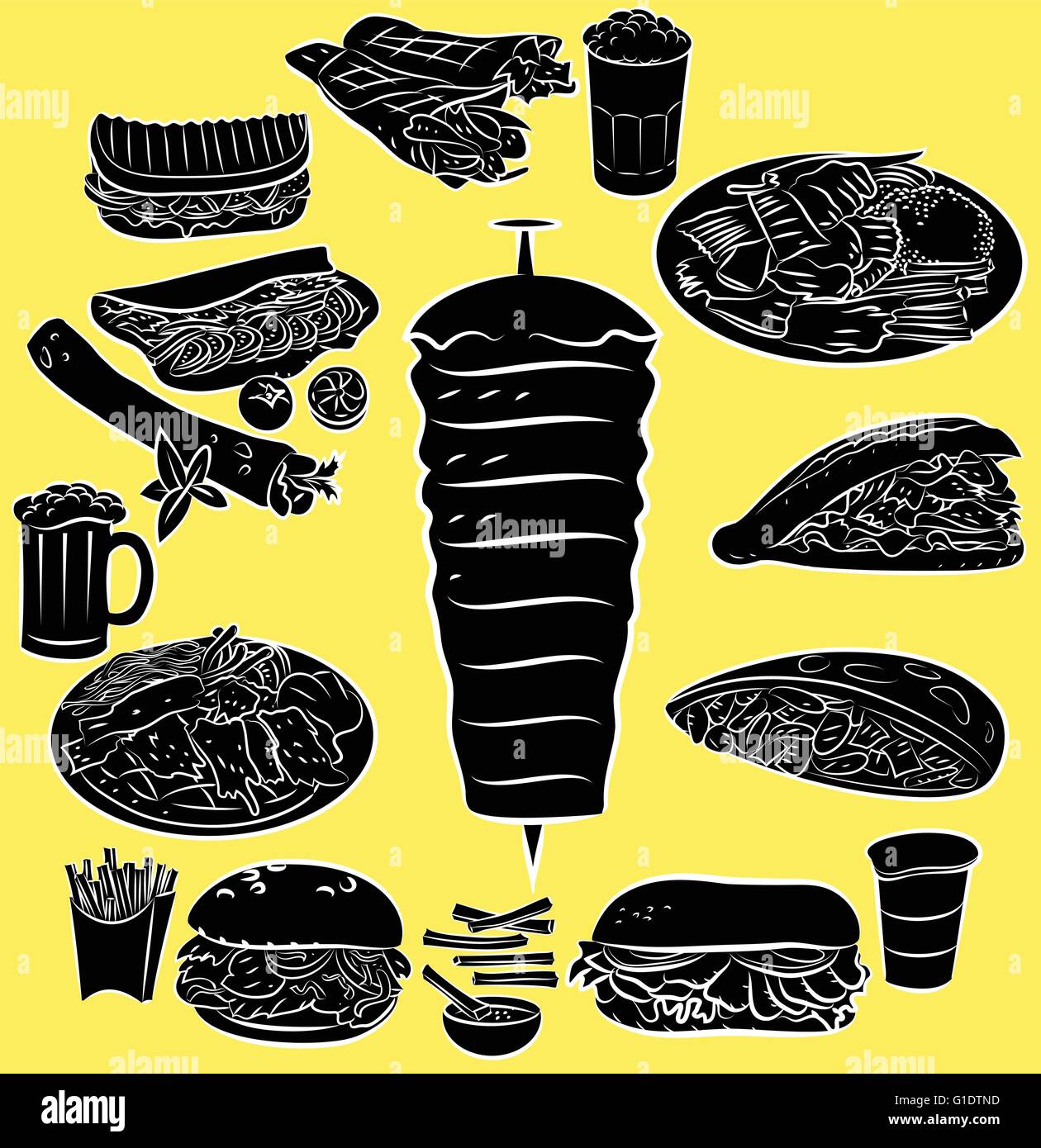 Vektor-Illustration von Döner Kebab Sammlung im Silhouette-Modus auf gelbem Hintergrund Stock Vektor