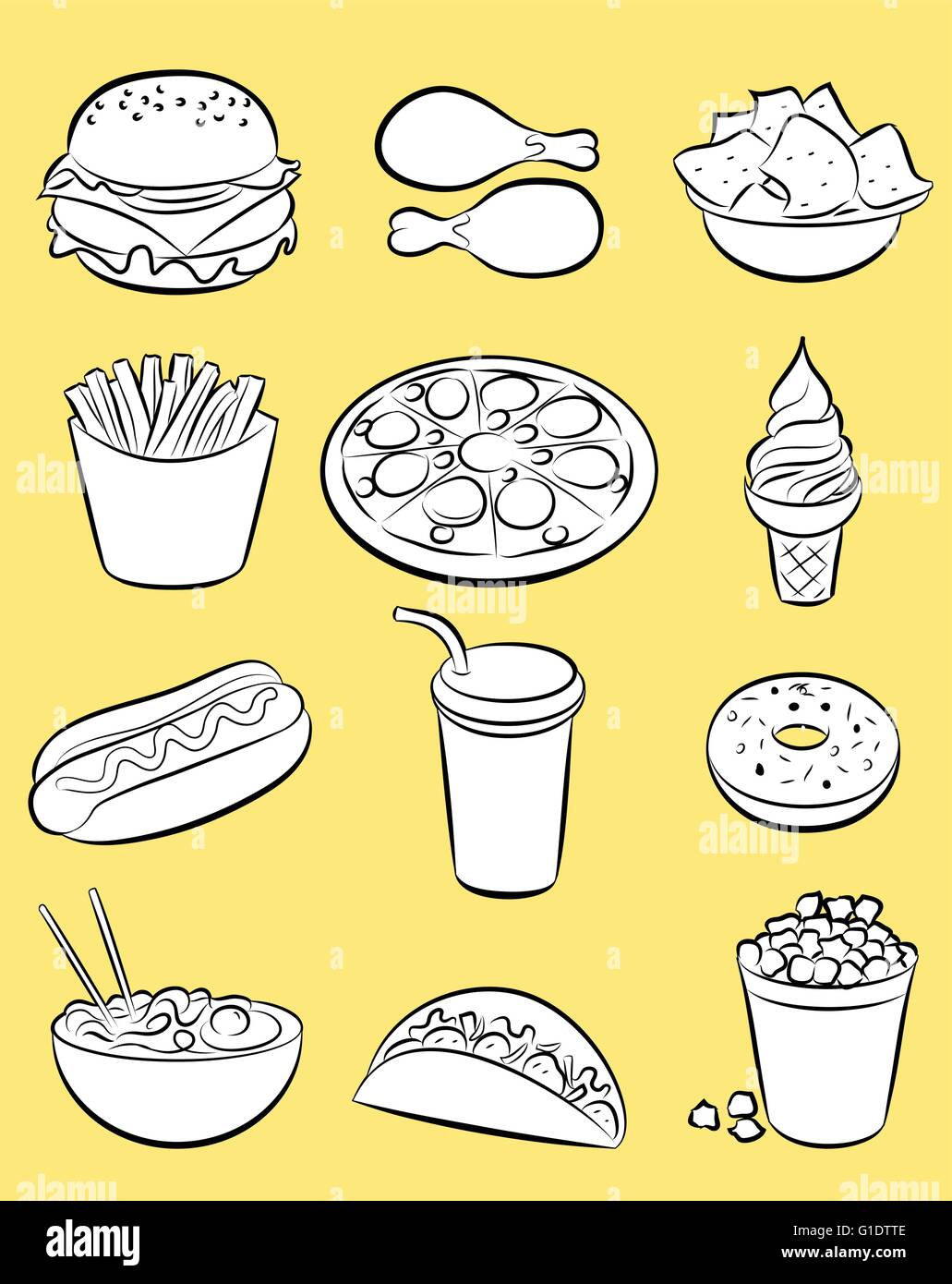 Vektor-Illustration von Fast-Food-Sammlung im Linienmodus Kunst auf gelbem Hintergrund Stock Vektor