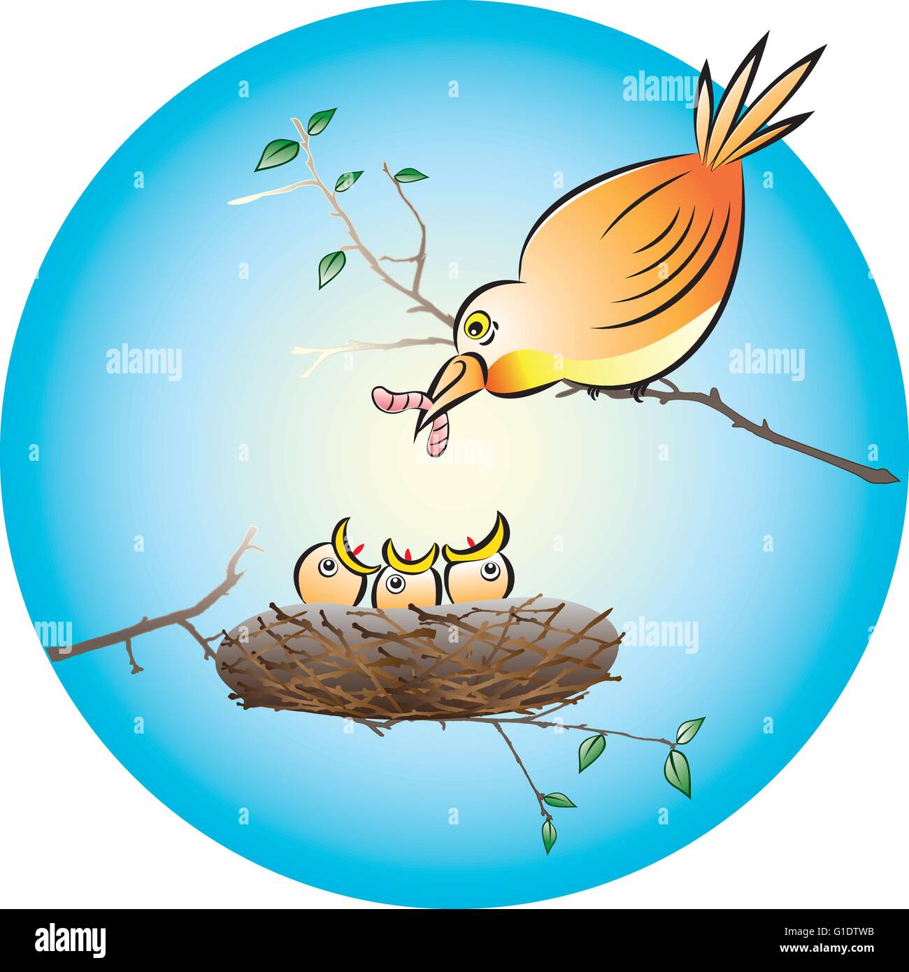 Vektor-Illustration eines Vogels Fütterung die hungrigen Küken mit einem Regenwurm im nest Stock Vektor