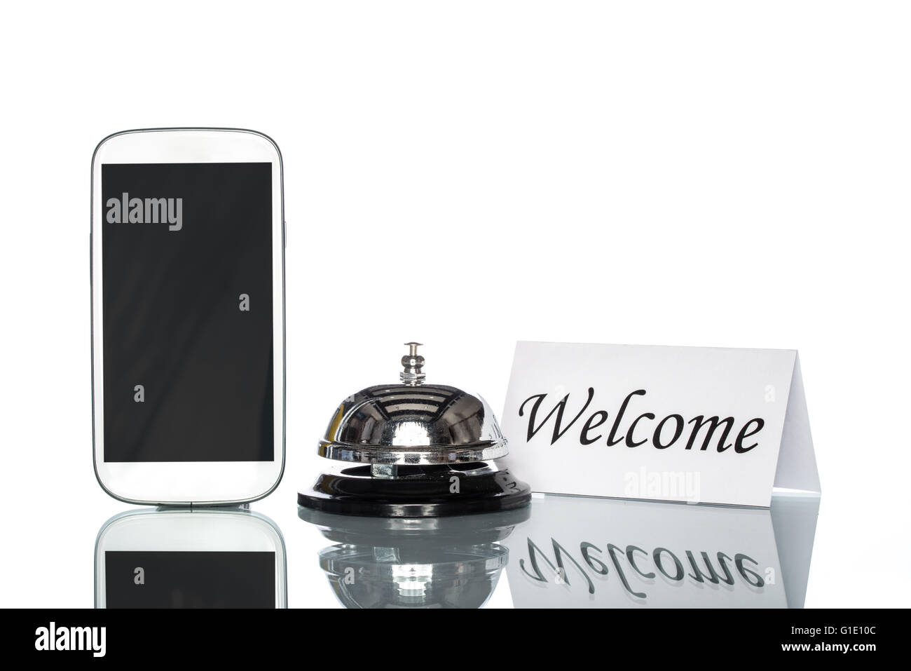 Handy und Service Bell auf weißem Hintergrund, herzlich willkommen Stockfoto
