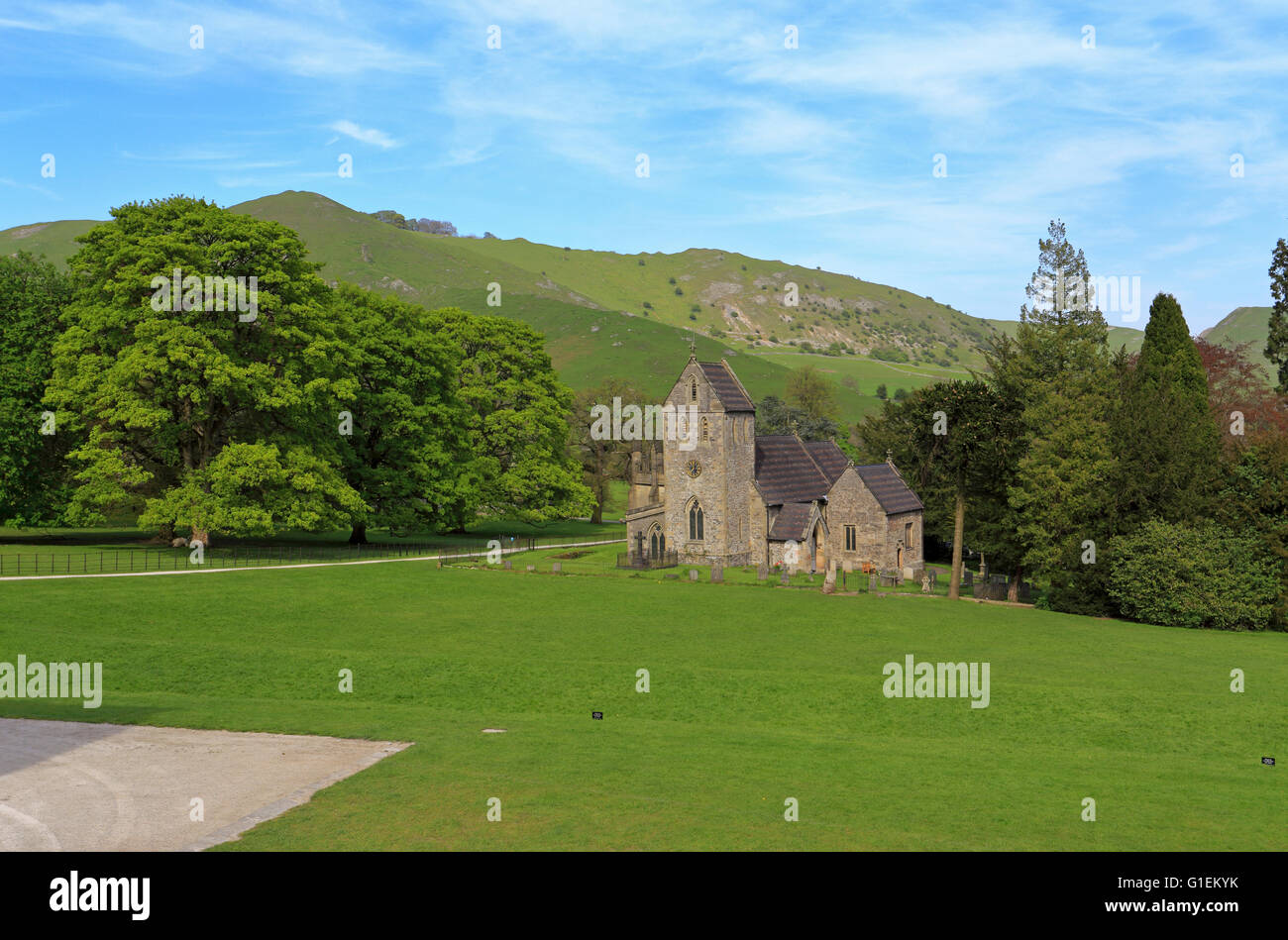 Kirche in Ilam Park, National Trust, Peak District National Park, Staffordshire, England, Großbritannien. Stockfoto