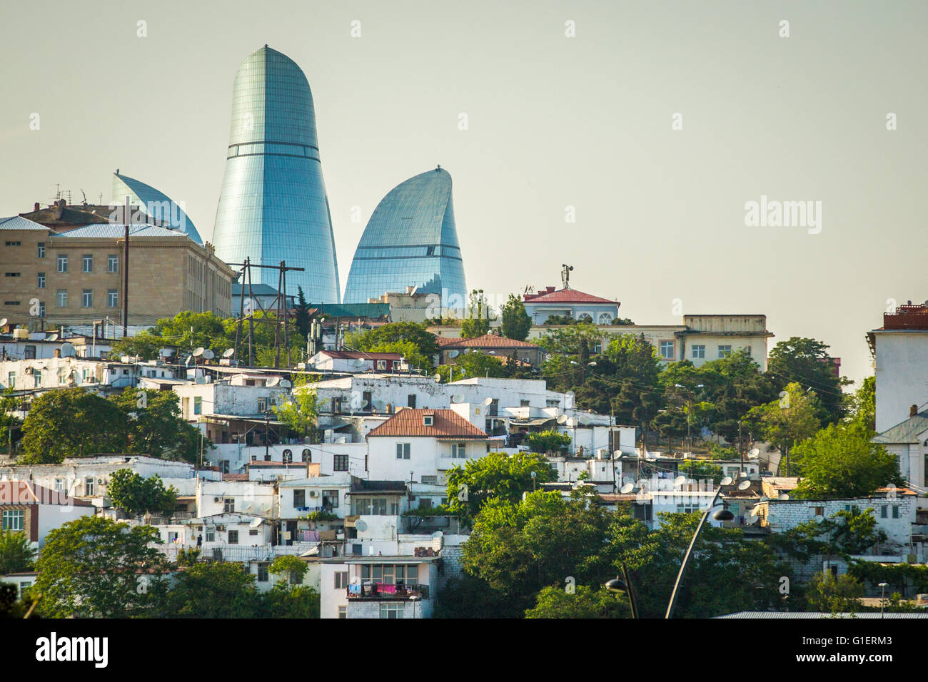 Eine Gesamtansicht der Flame Towers vor Baku 2016. Stockfoto