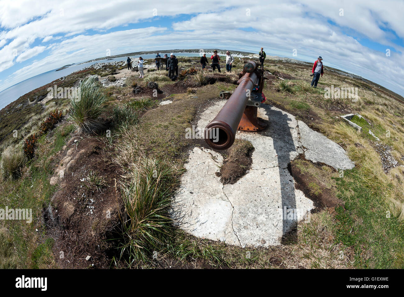 Touristen, die eine alte Kanone an Gypsy Cove Falklandinseln UK Stockfoto