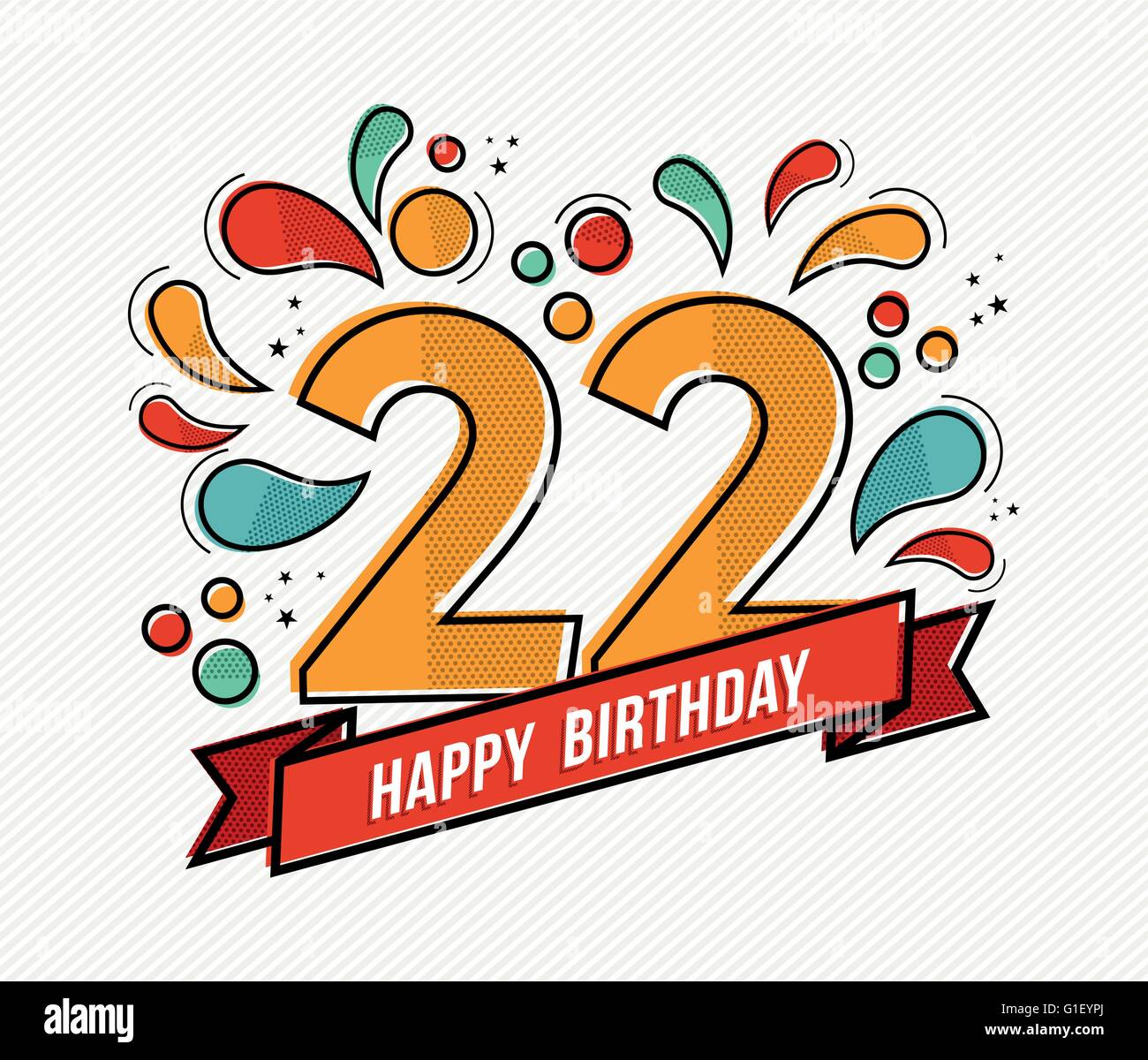 Alles Gute zum Geburtstag Nummer 22, Grußkarte für zweiundzwanzig Jahre in modernen flachen Strichzeichnungen mit bunten geometrischen Formen. Stock Vektor