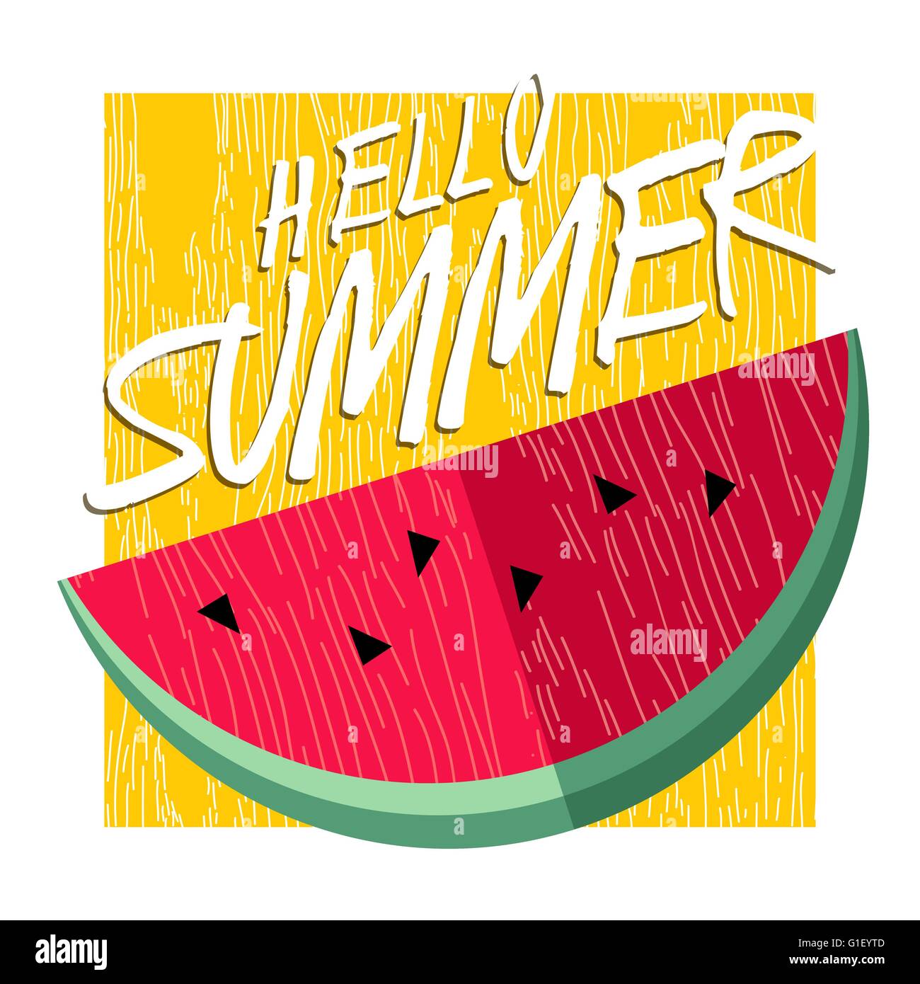 Hallo Sommer Schriftzug Hintergrund Design mit Wassermelone, gesunde Ernährung Konzept Früchte Illustration. Sommer-Party-Einladung Stock Vektor