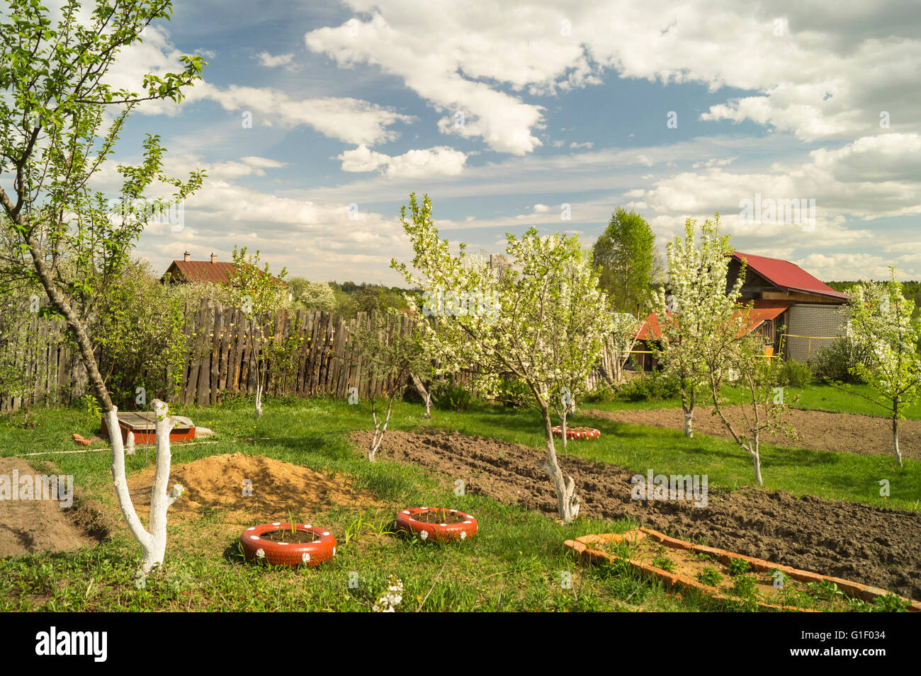 Frühlingslandschaft mit schönen Himmel und blühenden Garten im ländlichen Gelände Stockfoto