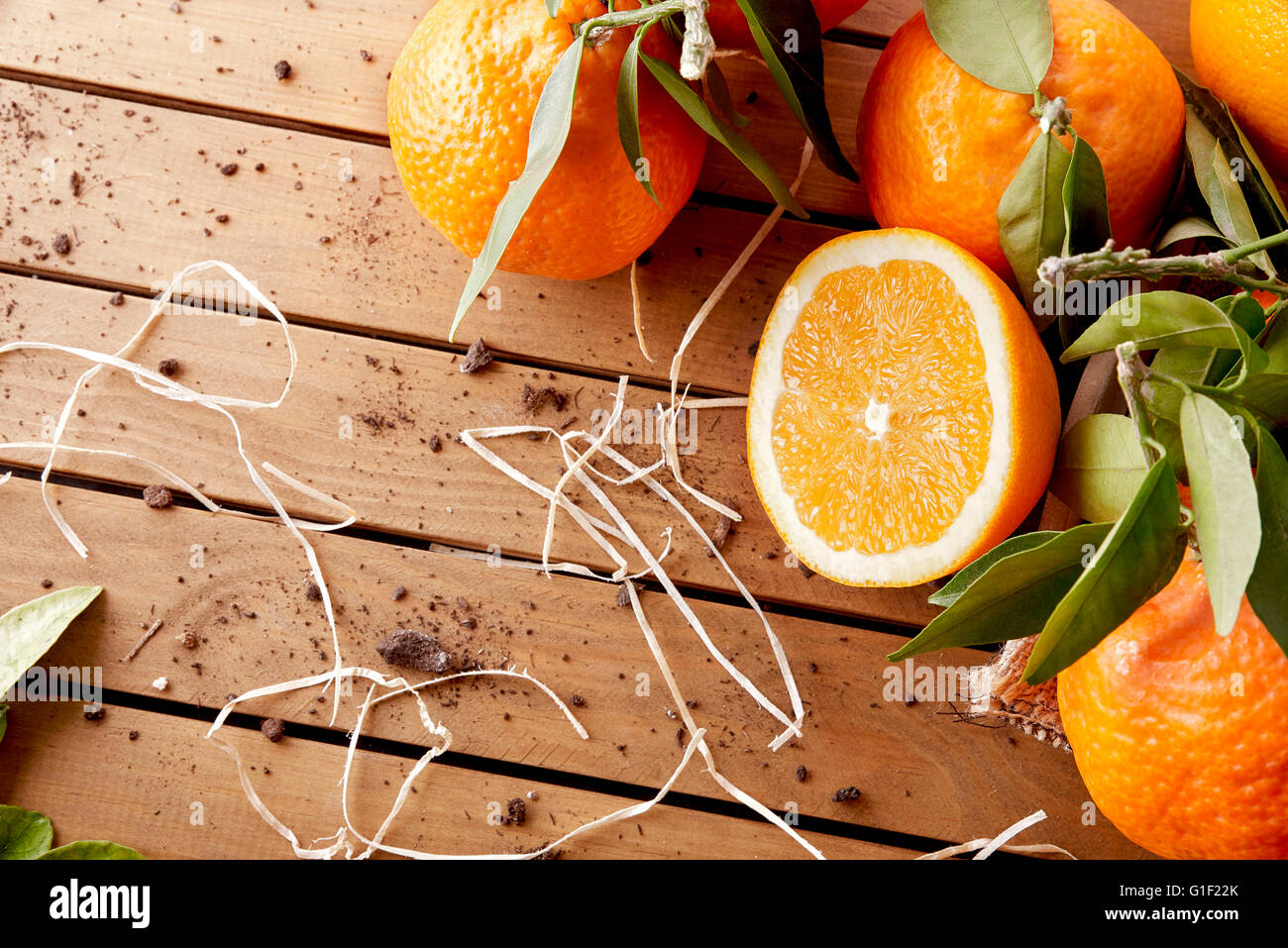 Orangen-Gruppe auf einem Holztisch im Feld mit orange Abschnitte. Horizontale Komposition. Ansicht von oben Stockfoto