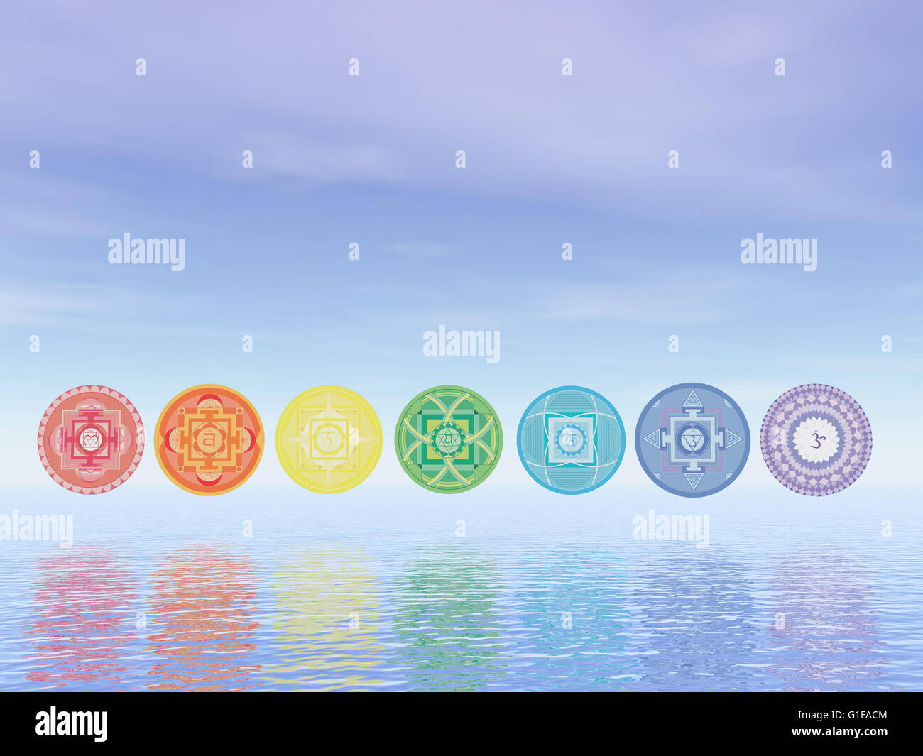 Sieben Chakra-Symbole-Linie auf dem Wasser in blauen Hintergrund - 3D render Stockfoto