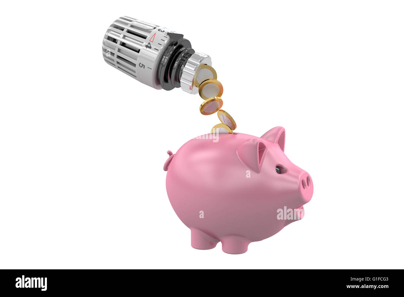 Energiesparkonzept, Sparschwein mit thermostatischen Heizkörperventil, 3D rendering Stockfoto