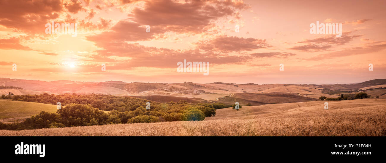 Traumhaften Sonnenuntergang über toskanischen Felder. Panorama-Landschaft. Stockfoto