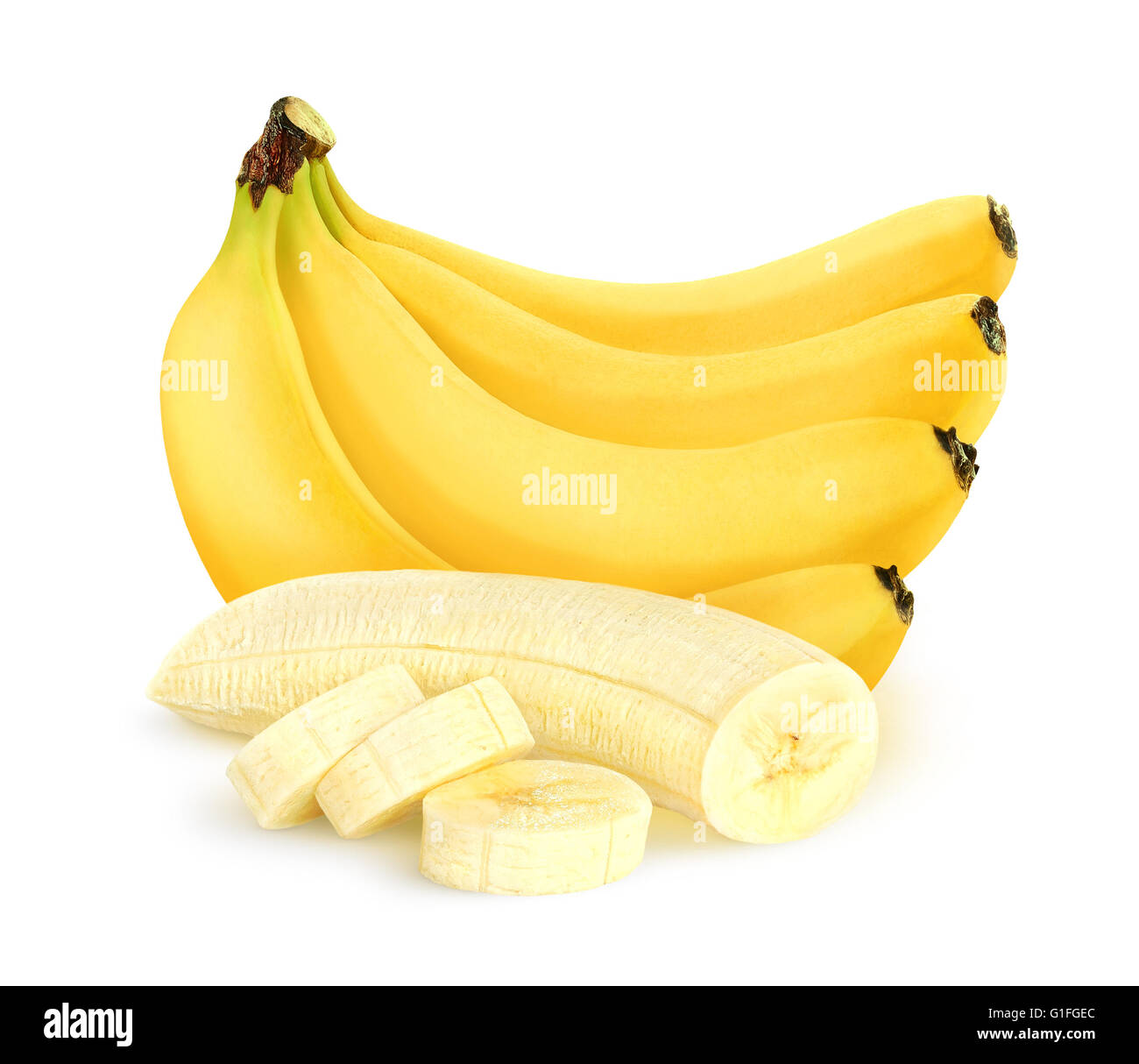 Isolierte Schnitt Geschälte Bananen. Bündel Bananen isoliert auf weißem Hintergrund mit Beschneidungspfad Stockfoto