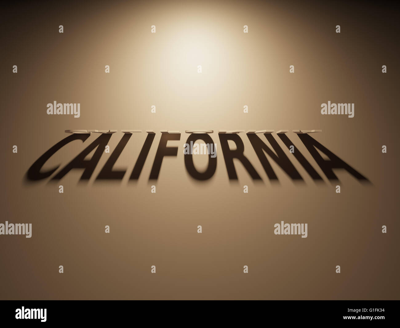 Eine 3D Darstellung des Schattens eines umgekehrten Text, California liest Stockfoto