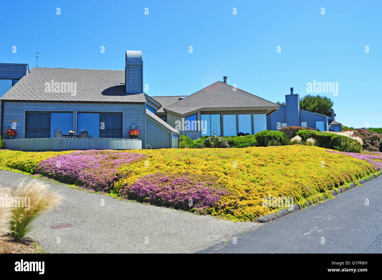 Kalifornien: eine Straße, Villen und Gärten in Bodega Bay, bekannt als die Einstellung für die 1963 Alfred Hitchcock Film die Vögel Stockfoto