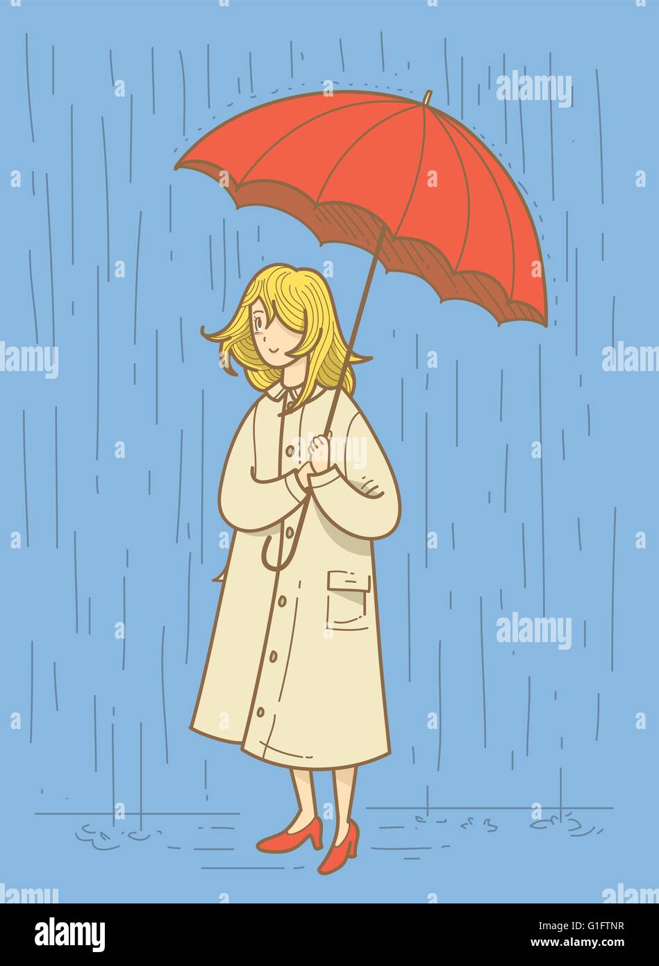 Vektor-Illustration einer Frau in einem Regen Stock Vektor