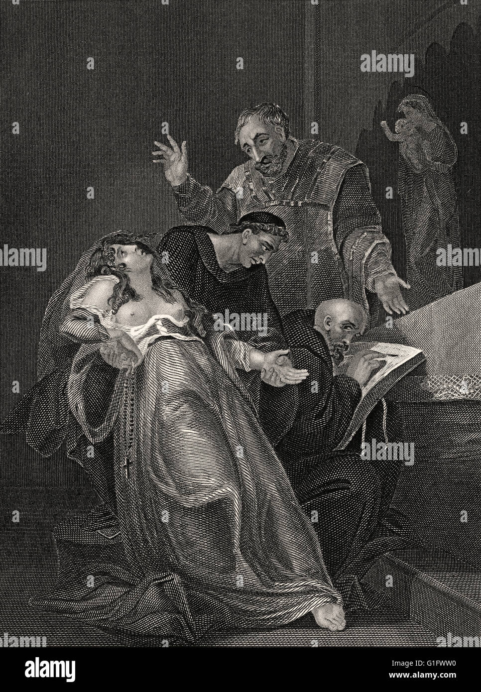 Der Heilige Maid of Kent, Elizabeth Barton, leiden Verhör in den Händen von 2 Kleriker und Laien Stockfoto
