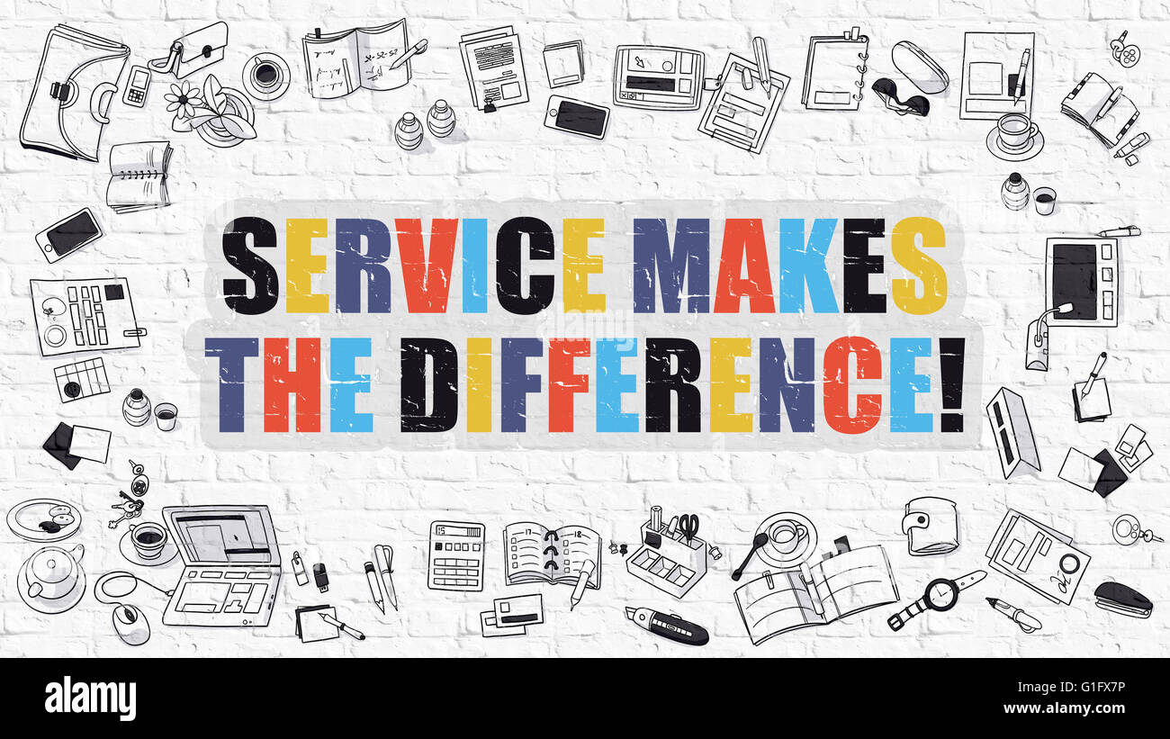 Service macht den Unterschied in Multicolor. Doodle-Design. Stockfoto