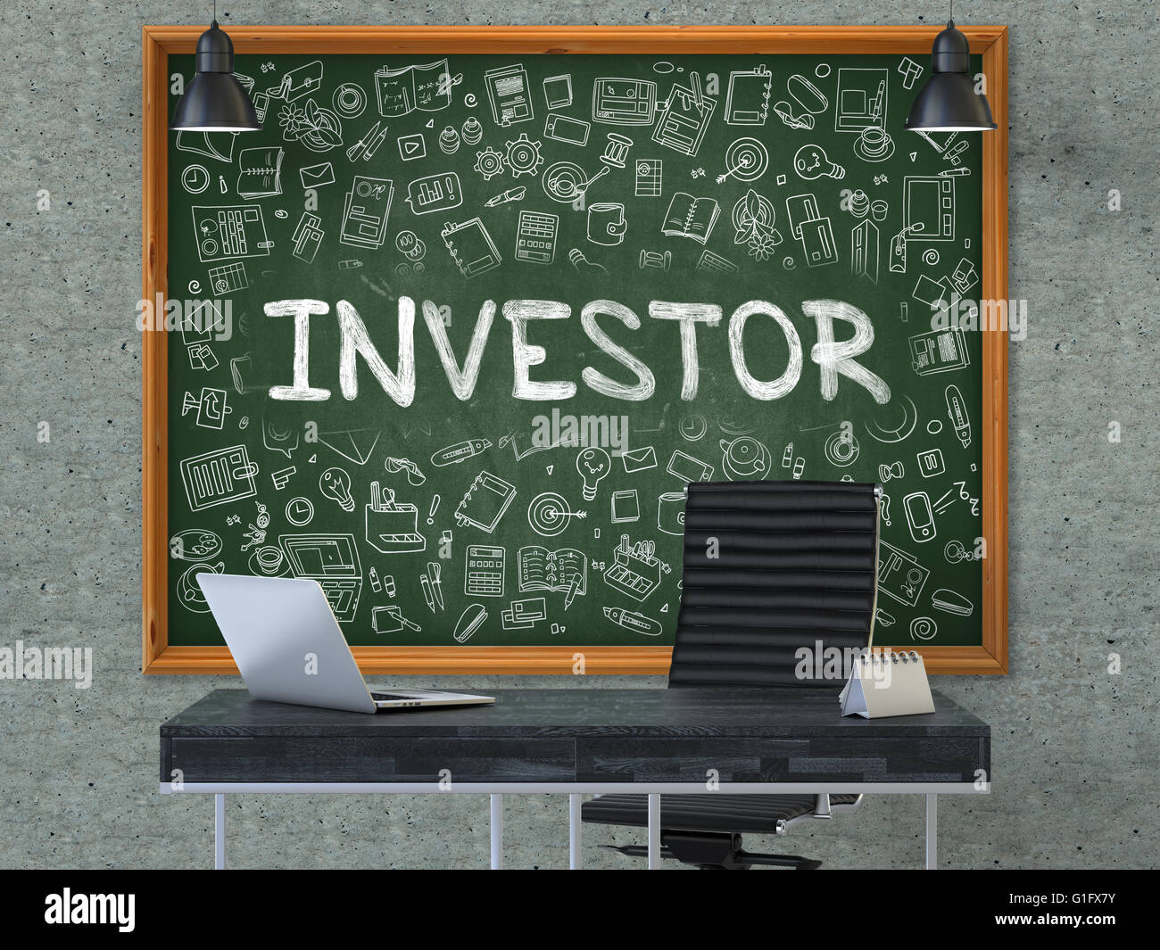Investor-Konzept. Doodle-Symbole auf der Tafel. Stockfoto
