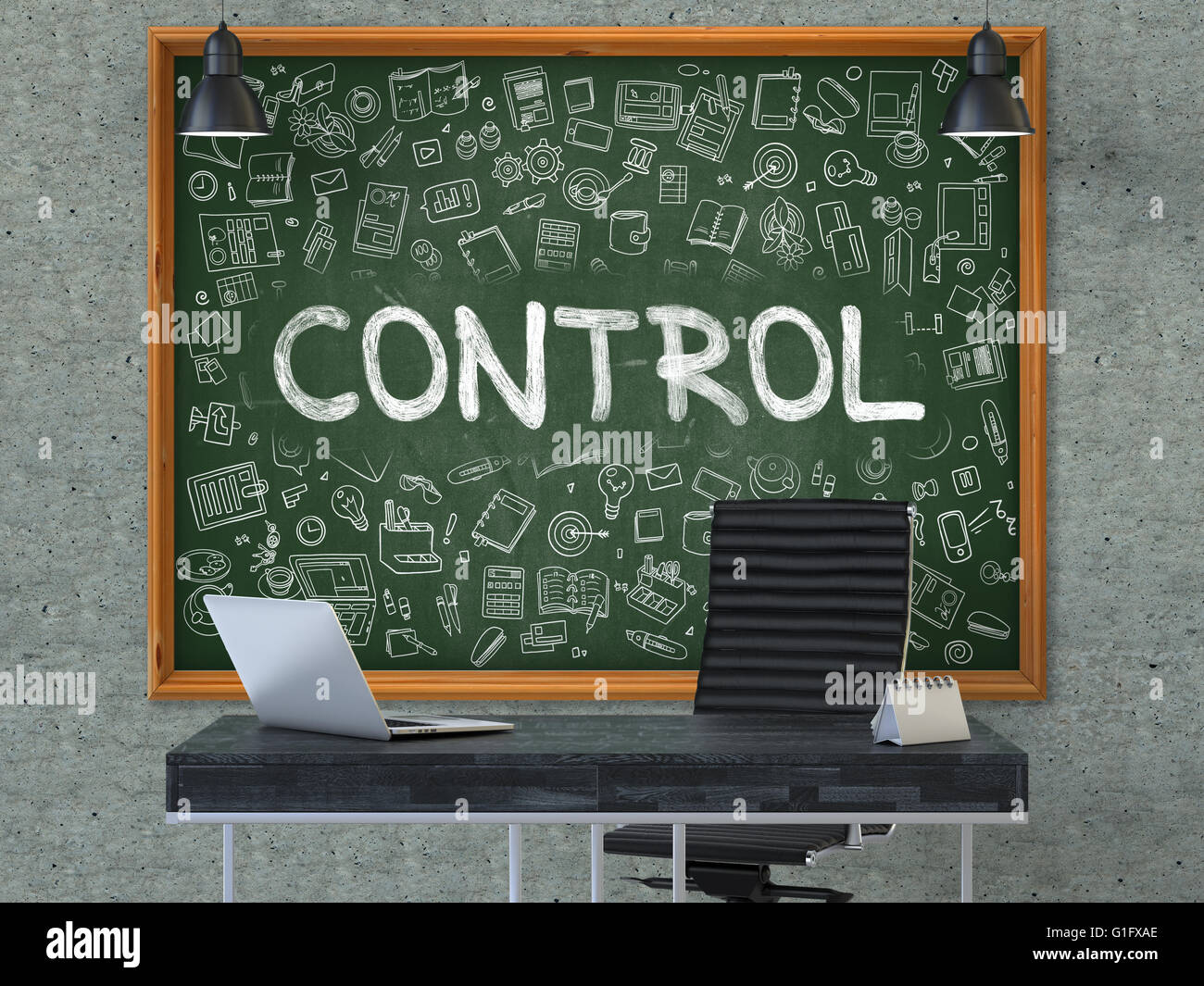 Control - Hand auf grüne Tafel gezeichnet. Stockfoto