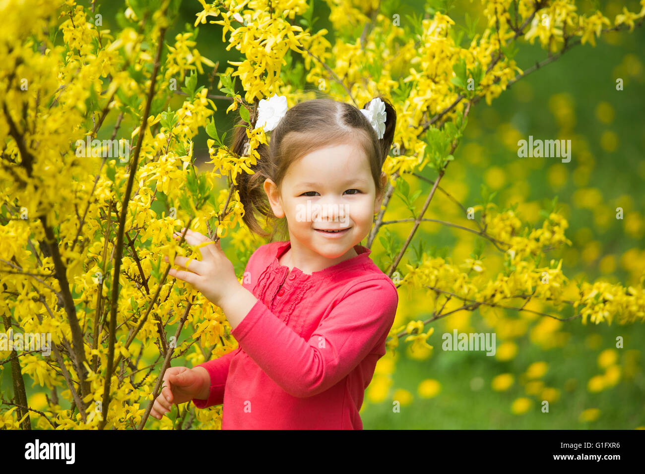 Kinder spielen verstecken und suchen. Wunderschönes kleines Mädchen versteckt sich hinter einem Baum im Frühling. Kleines Kind, Blick in die Kamera Stockfoto