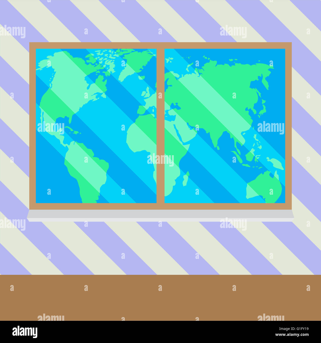 Karte von Welt von Fenster. Geschäft Fenster und Welt global Screen transparent. Flaches Design Vektorgrafik Stockfoto