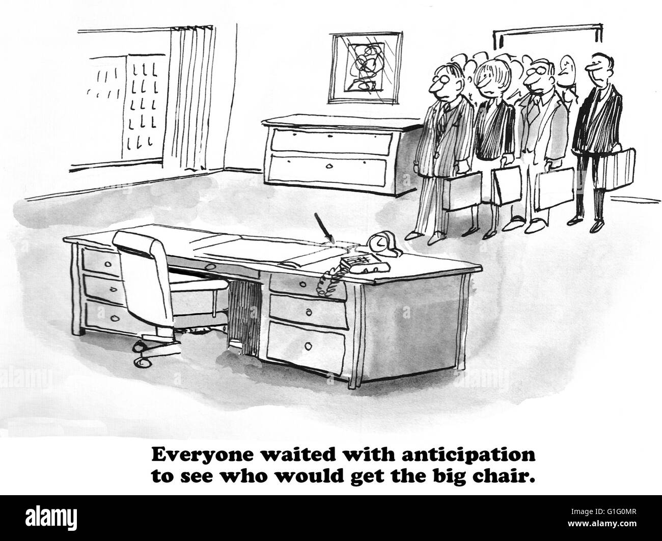 Geschäftliche Cartoon über erwarten einen neuen Chef. Stockfoto
