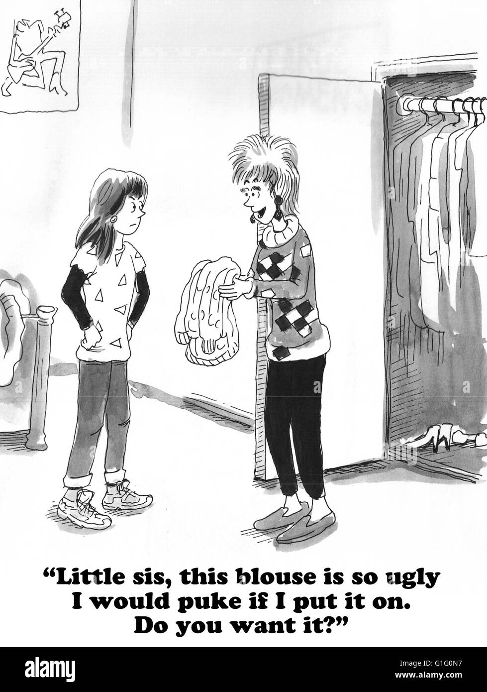 Cartoon über Geschwister streiten, eine Hand me down Bluse. Stockfoto