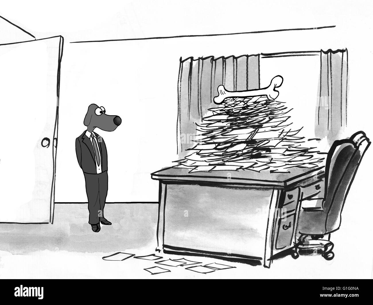 Geschäftliche Karikatur über einen Anreiz, die Schreibarbeit zu beenden. Stockfoto