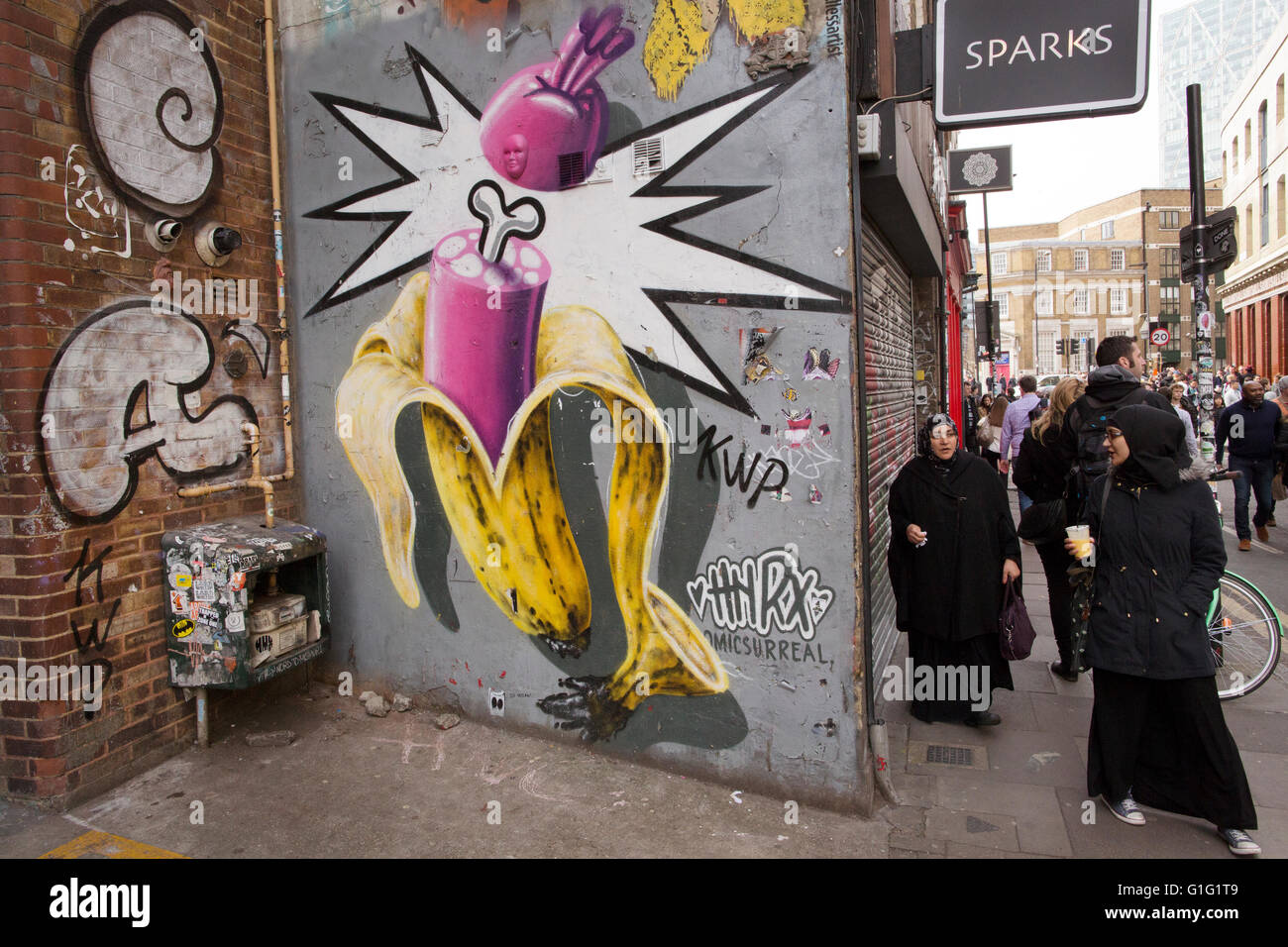 Graffiti in Brick Lane, Straßenkunst Shoreditch, Tower Hamlets, London, England, UK Stockfoto