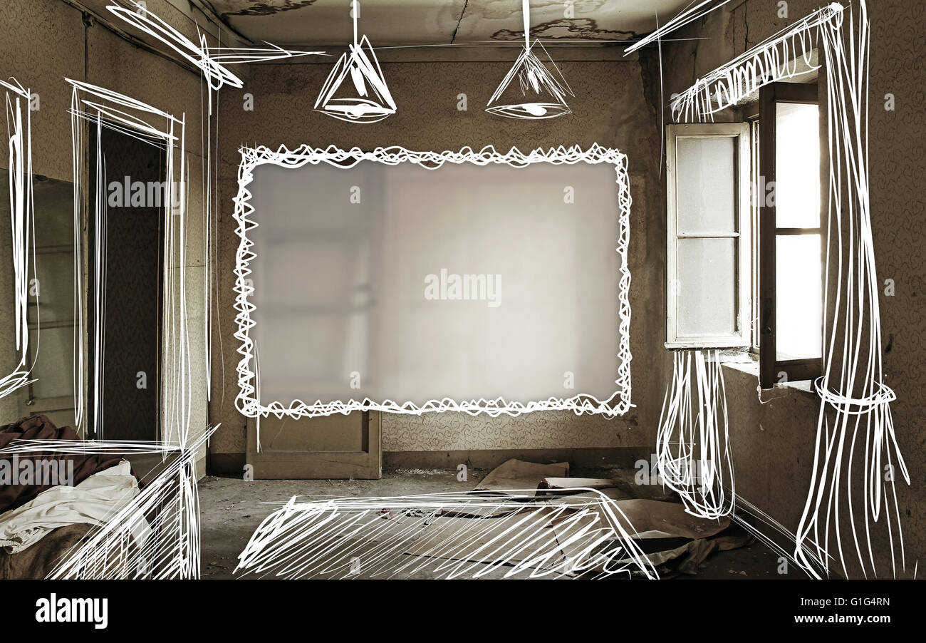Ruiniert und leere Inneneinrichtungen, Vintage Tapete und Dekorationen Stockfoto