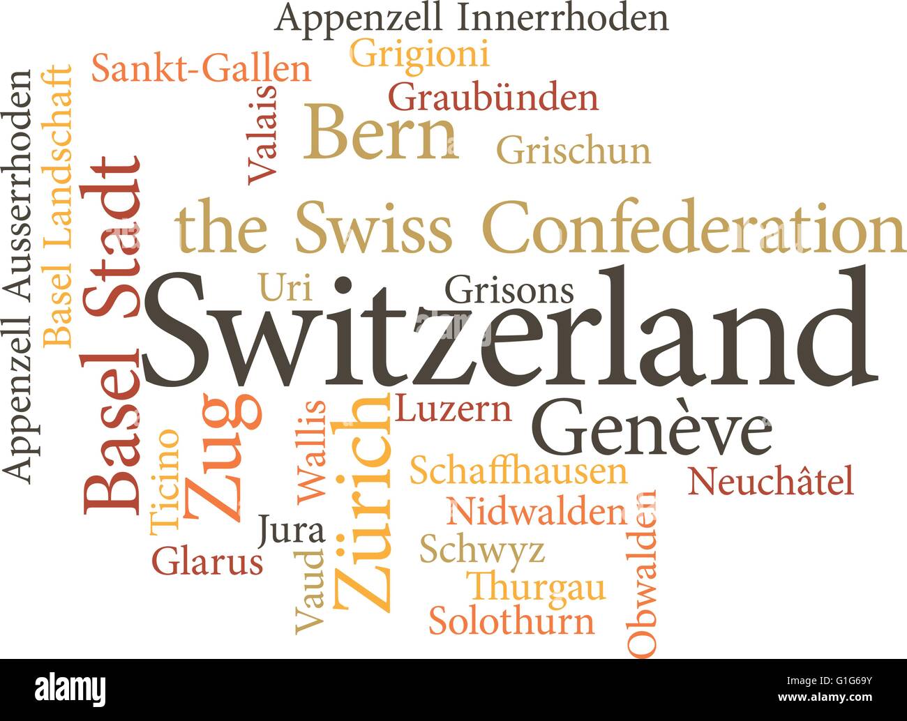 Abbildung der Schweizer Kantone in Wortwolken isoliert auf weißem Hintergrund Stock Vektor