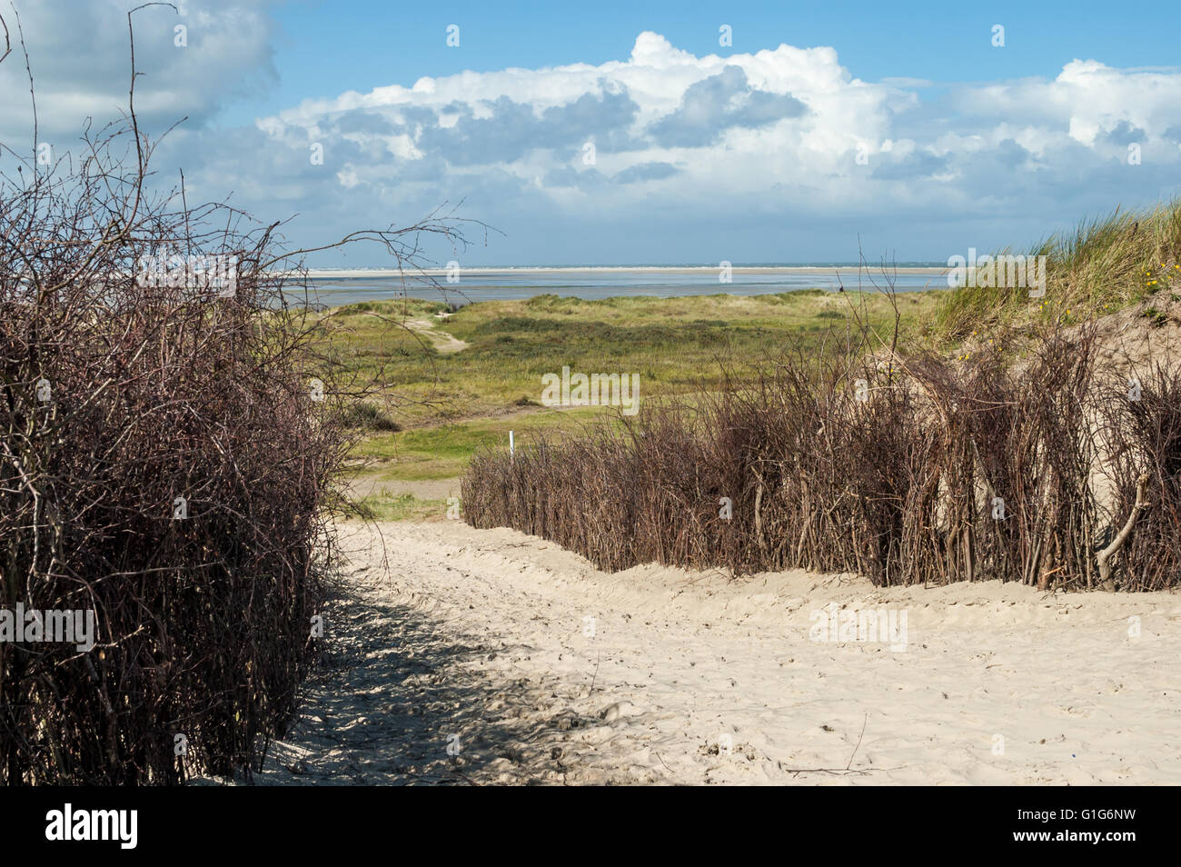 Sandy-Wanderweg mit Willow Zweig Zäune auf der Insel Borkum, Niedersachsen, Deutschland. Stockfoto