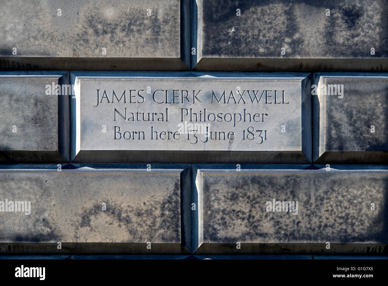 Die Inschrift auf der Wand des 14 India Street, der Geburtsort von James Clerk Maxwell (1831-79). Stockfoto