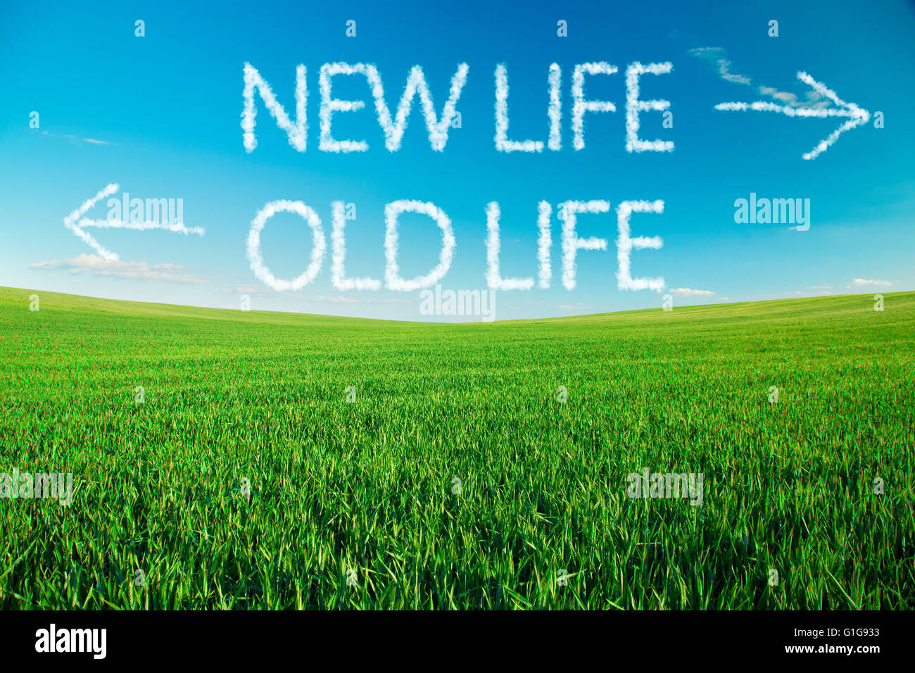 Neues Leben vs. altes Leben in Wolken über grüne Feld geschrieben Stockfoto