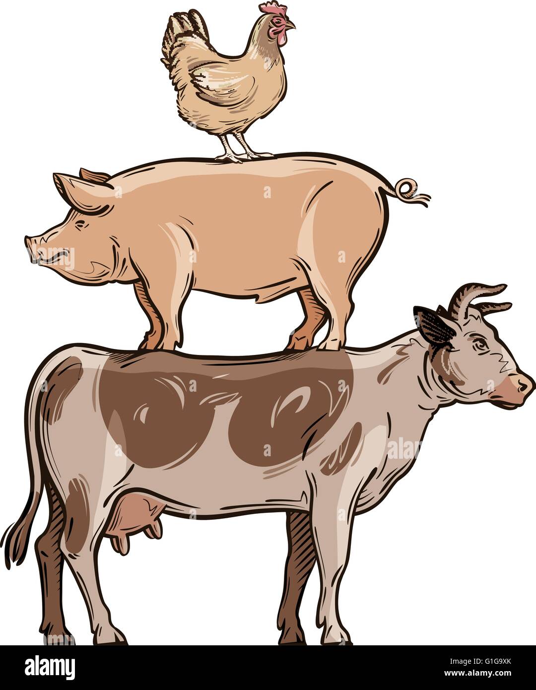 Nutztiere. Kuh, Schwein, Huhn. Vektor-illustration Stock Vektor