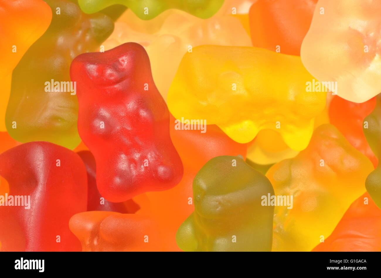 Nahaufnahme der bunten Haribo Gummibärchen. Haribo ist deutsche Süßwarenunternehmen 1920 gegründet. Stockfoto