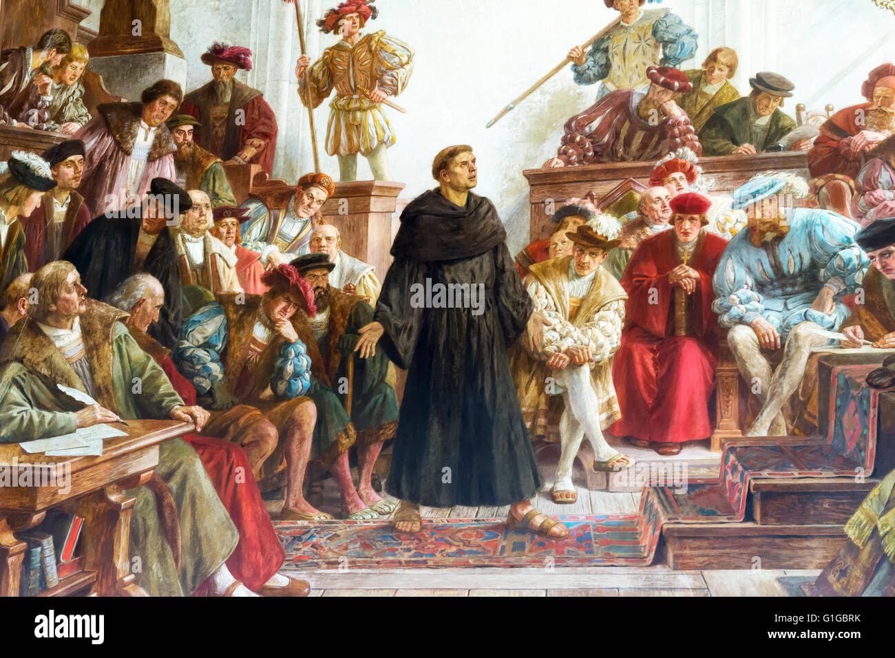 Kaisersaal, Martin Luther am Reichstag 1521, Wandmalerei, Hofburg (Kaiserpfalz), Goslar, Harz, untere Sa Stockfoto