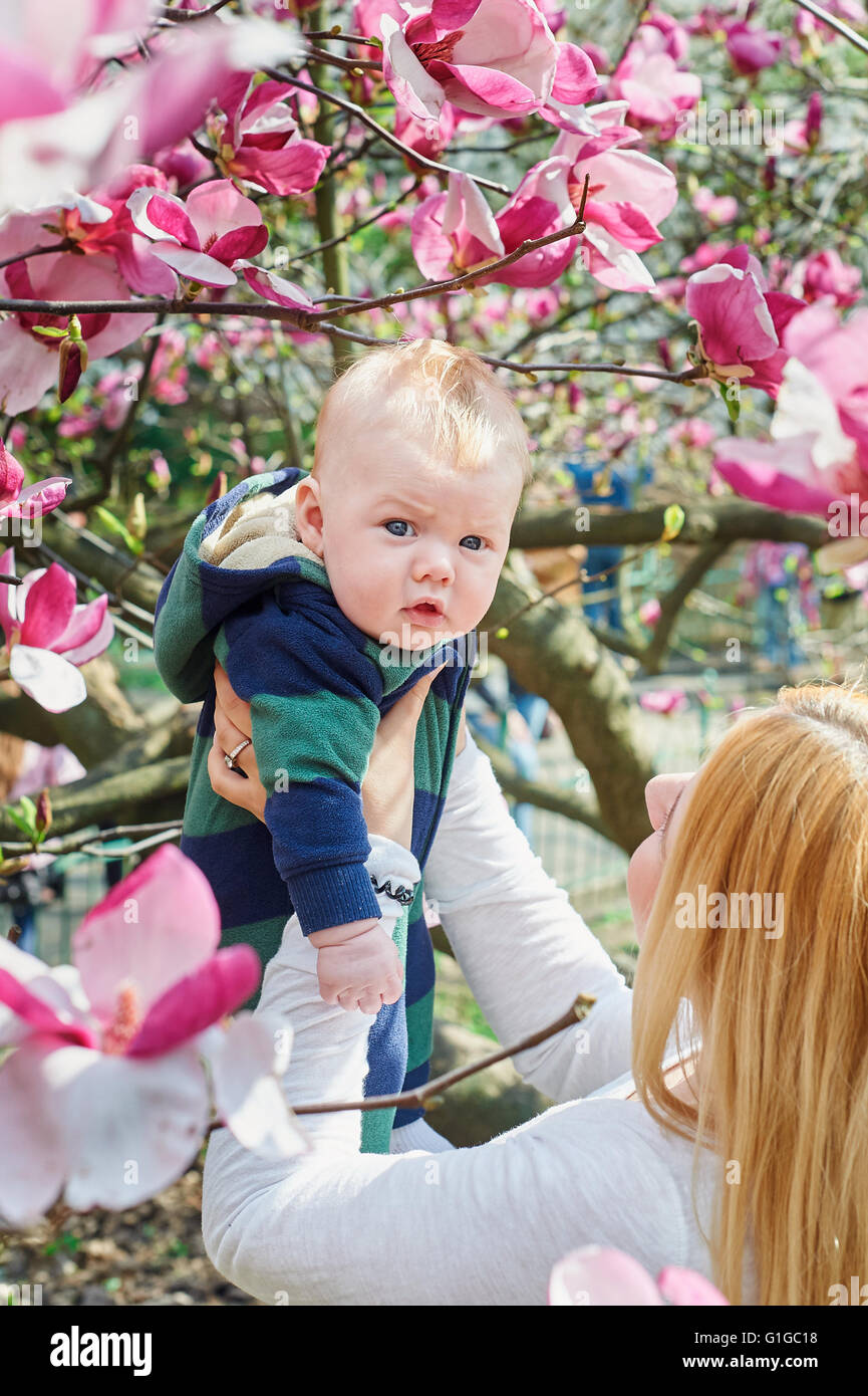 Mutter zu Fuß mit ihrem Baby Sohn im Garten des blühenden Magnolien Stockfoto