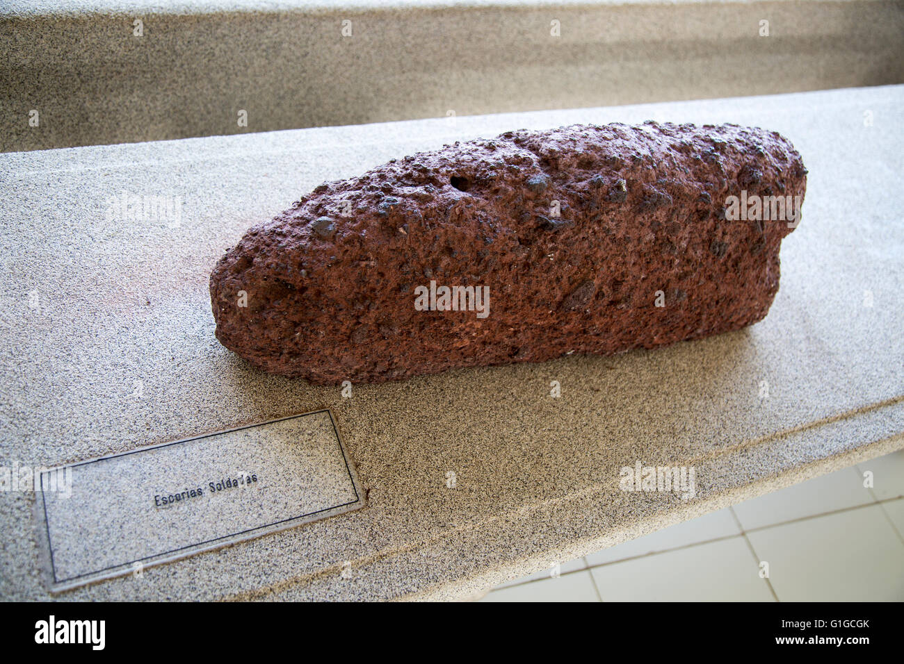 Escarias Soldades Rock-Sample-Geologie-Anzeige, studieren Casa de Los Volcanes vulkanische Zentrum, Lanzarote, Kanarische Insel, Spanien Stockfoto