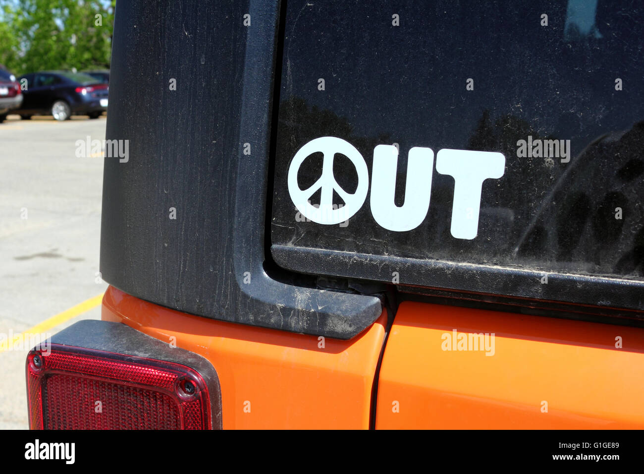 Frieden, Aufkleber auf der Rückseite eines Autos Stockfoto