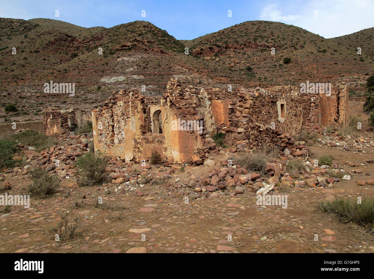 Verlassenen Bauernhaus in der Nähe Presillas Bajas, Nationalpark Cabo de Gata, Almeria, Spanien Stockfoto