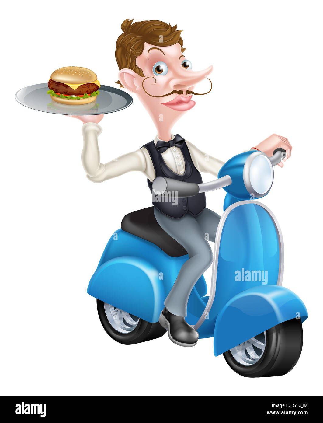 Zur Veranschaulichung der Cartoon Kellner auf Roller Moped Holding Burger Stockfoto