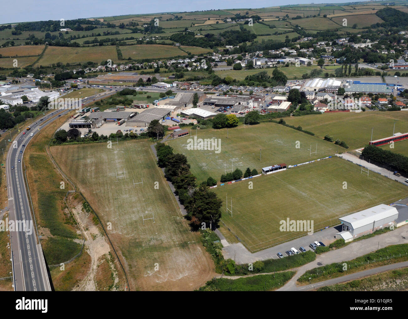 Luftaufnahmen von Norddevon Hubschrauber Barnstaple Rugby Ground entnommen Stockfoto