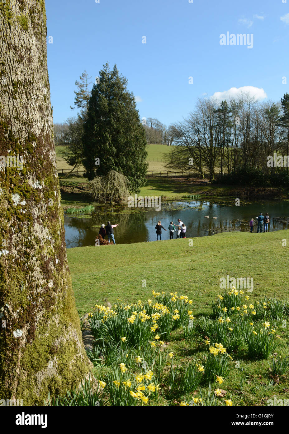 Arlington Court North Devon Chichester Familie Home National Trust House und Gärten Besucher genießen Gärten und den See Stockfoto