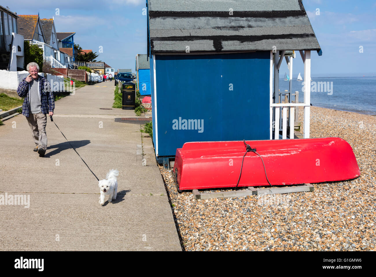 Ein Mann geht seinen Hund entlang der Promenade in Herne Bay, Teil des Saxon Shore Weg, Kent, UK Stockfoto