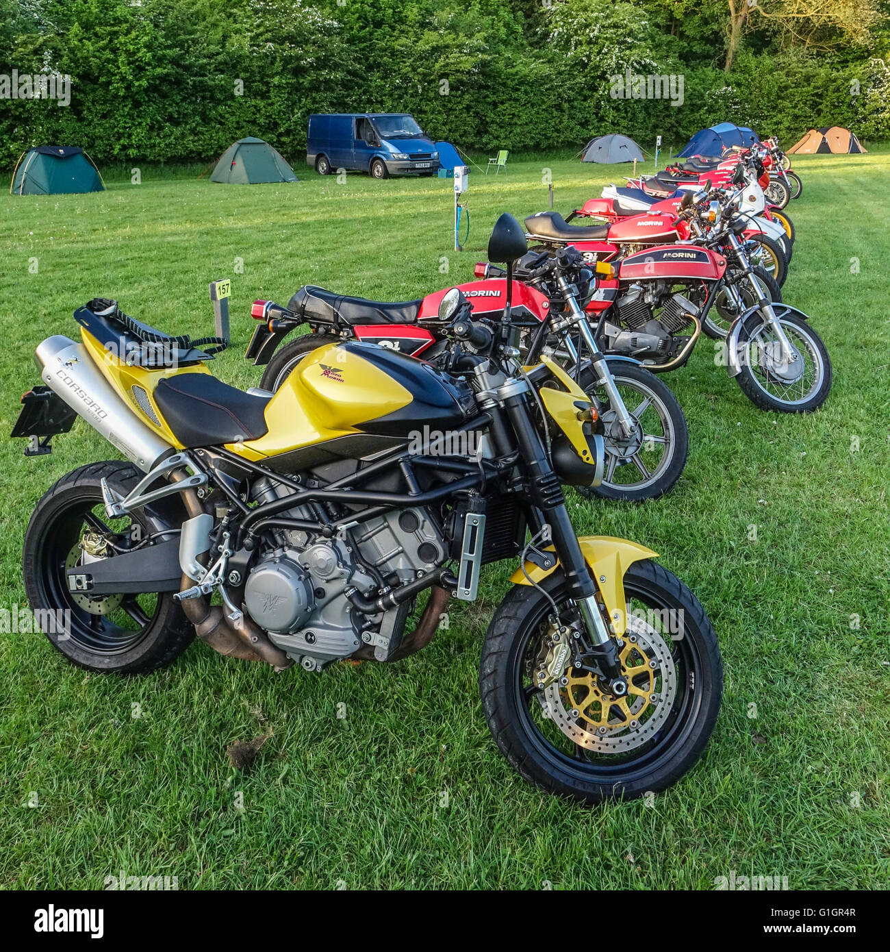 Henlow, Bedfordshire, Großbritannien. Mai 2016. Die Morini Riders Club Jahreshauptversammlung und Rallye in Henlow Bridge Lakes, Bedfordshire. Die Fans dieser italienischen Motorräder haben den Club 1975 gegründet. Stockfoto