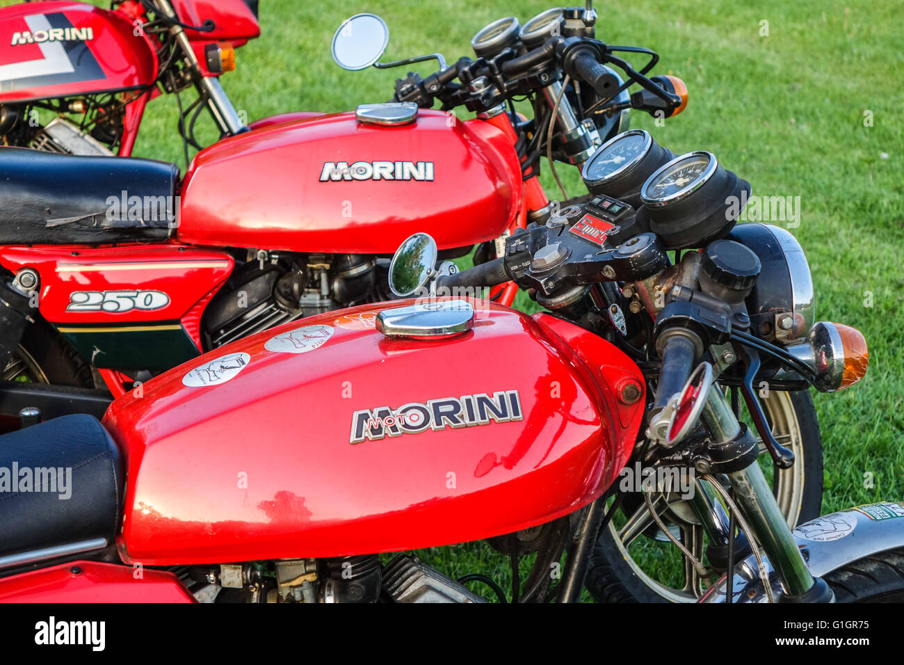 Henlow, Bedfordshire, Großbritannien. Mai 2016. Die Morini Riders Club Jahreshauptversammlung und Rallye in Henlow Bridge Lakes, Bedfordshire. Die Fans dieser italienischen Motorräder haben den Club 1975 gegründet. Stockfoto