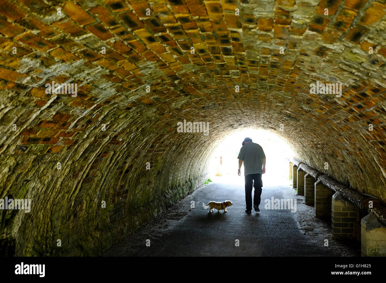 Ein Mann und ein kleiner Hund, eingerahmt in das helle Licht weit Eingangs einen Backstein gesäumten tunnel Stockfoto