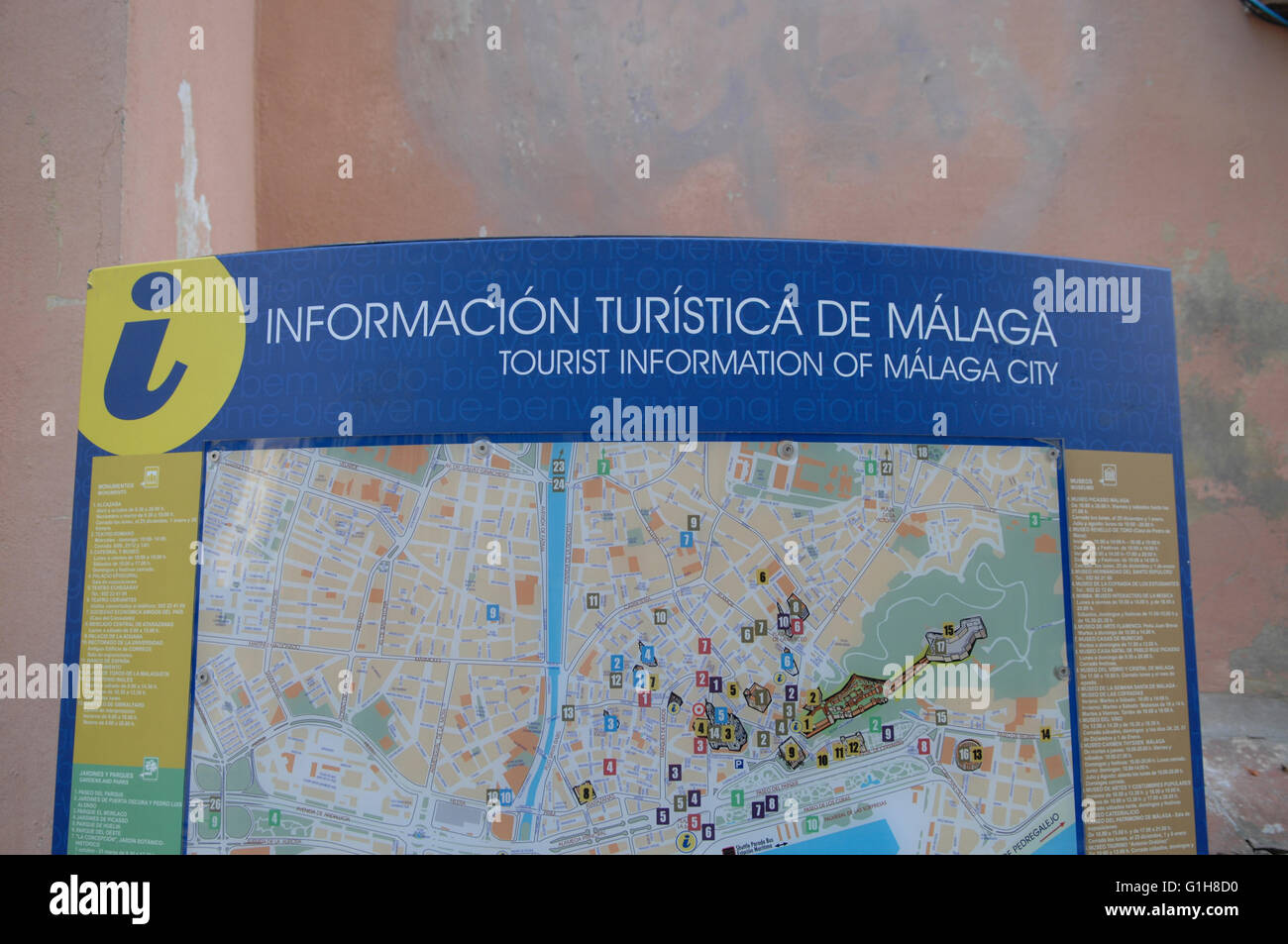 Informationskarte Malaga Stockfoto