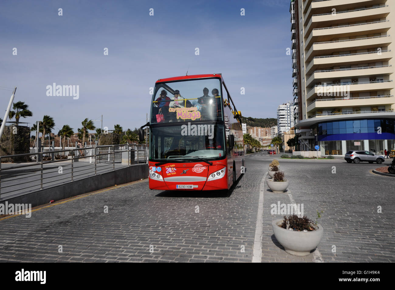 City Sightseeing Bus, Tour, Tourismus, Touristen, Malaga Stockfoto